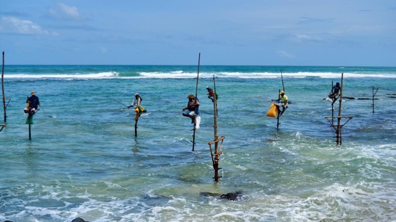 Pole fishermen on stilts in water